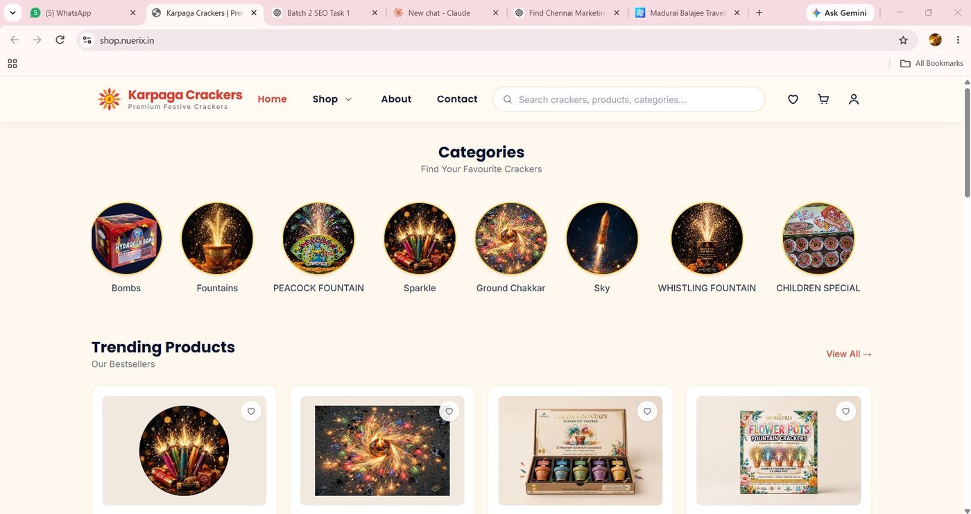 Karpaga Crackers website homepage screenshot showing product categories and trending products