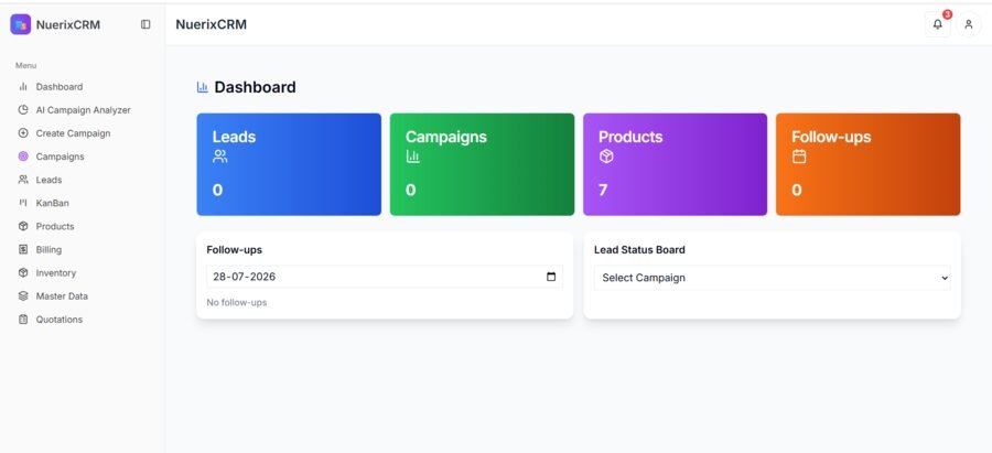 NuerixCRM dashboard screenshot showing leads, campaigns and follow-ups
