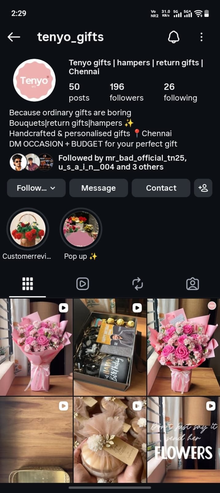 Tenyo Gifts Instagram profile on a phone screen showing the Tenyo logo, bio and gift bouquet posts