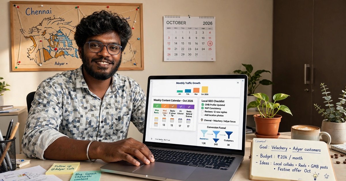 Man at a desk smiling beside a laptop showing a dashboard with a traffic growth chart, weekly content calendar, local SEO checklist and conversion funnel, a Chennai map on the wall, and a notepad reading Goal: Velachery, Adyar customers