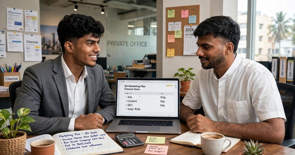 Two professionals discussing a quarterly marketing plan and budget breakdown in an office