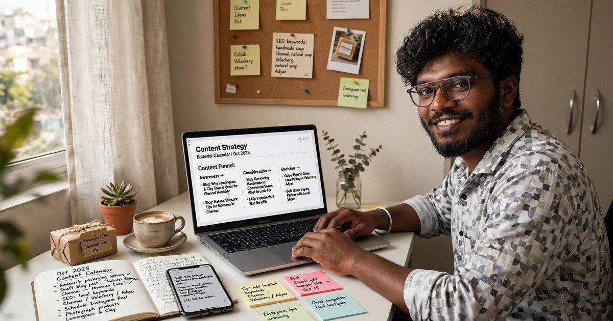 Content strategist planning an editorial calendar with content funnel stages on a laptop