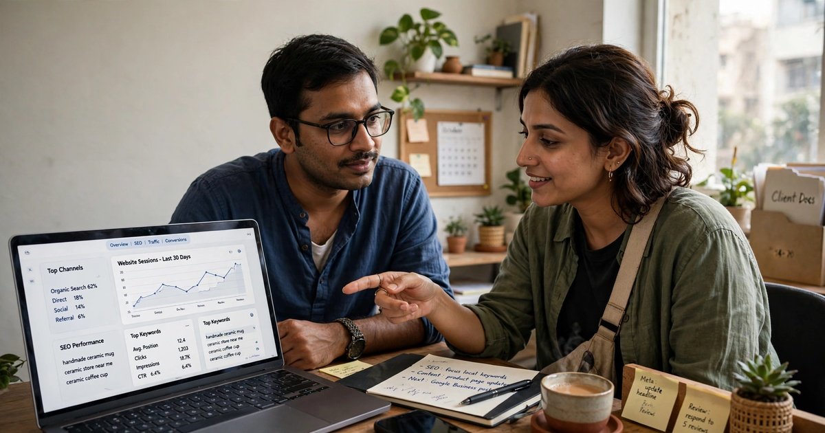 Marketing professionals reviewing website traffic, SEO performance and keyword data on a laptop dashboard