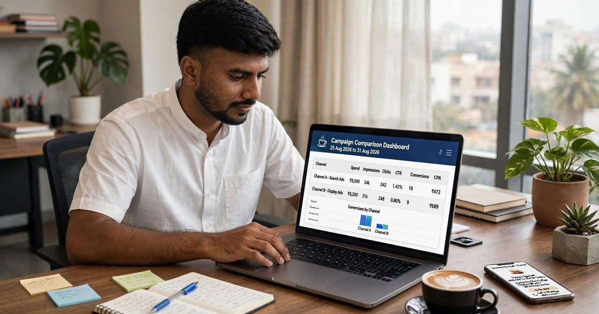 Campaign comparison dashboard showing spend, clicks and conversions across two ad channels