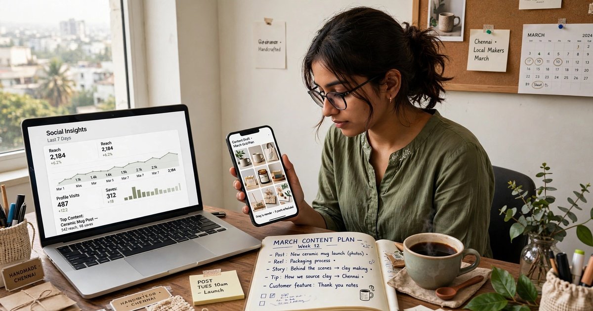 Marketer reviewing Instagram engagement insights and a content grid plan on a phone and laptop