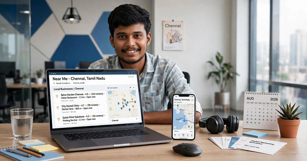Laptop and phone displaying local search results with map pins for Chennai businesses
