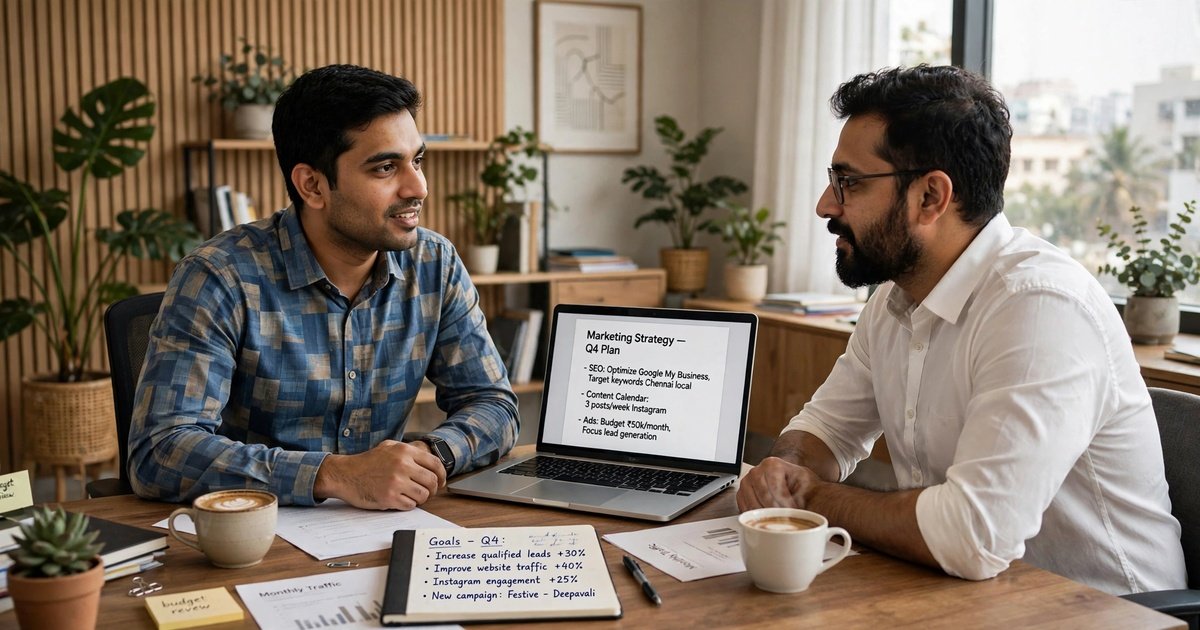 Two professionals reviewing a marketing strategy, goals and budget plan on a laptop