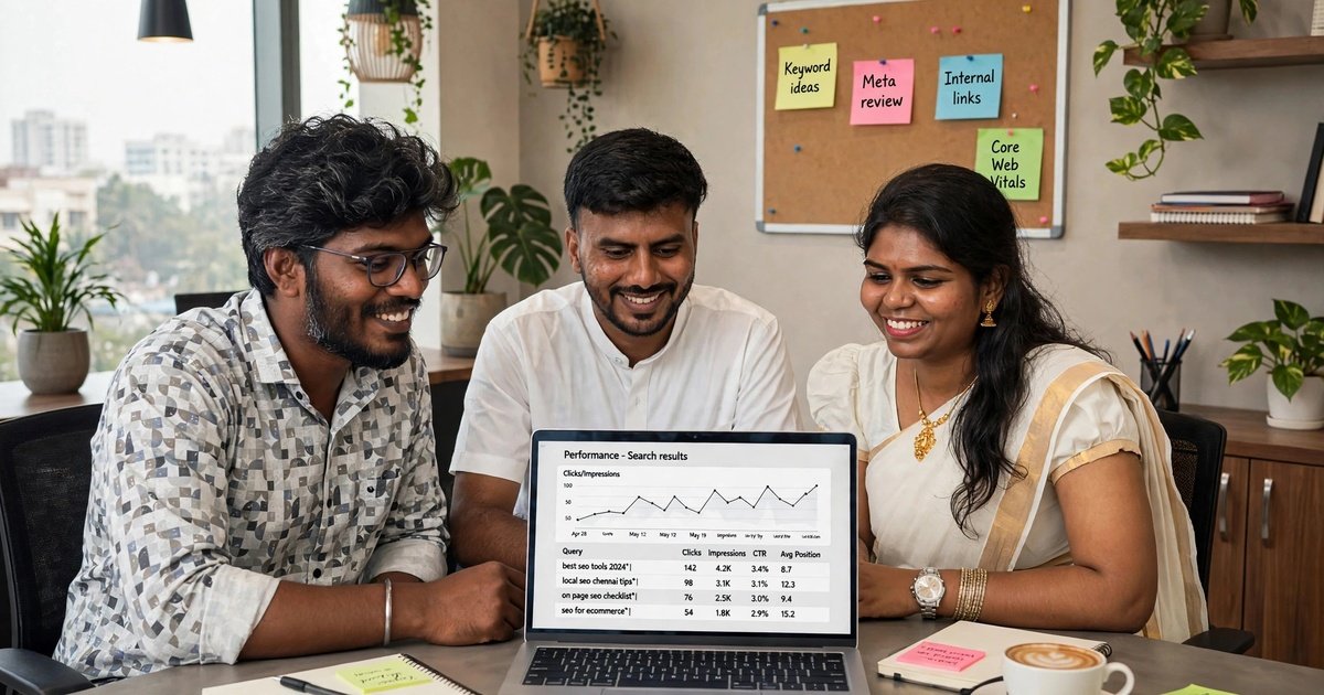 Team reviewing search performance data and keyword notes together on a laptop