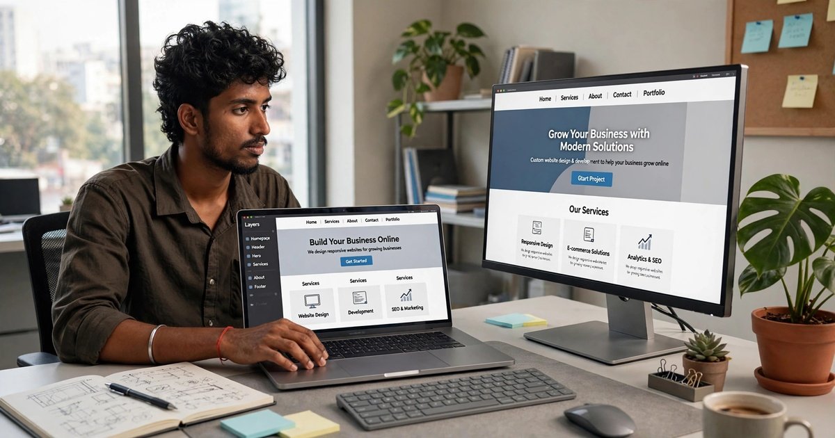 Website design mockups on a laptop and monitor alongside wireframe sketches